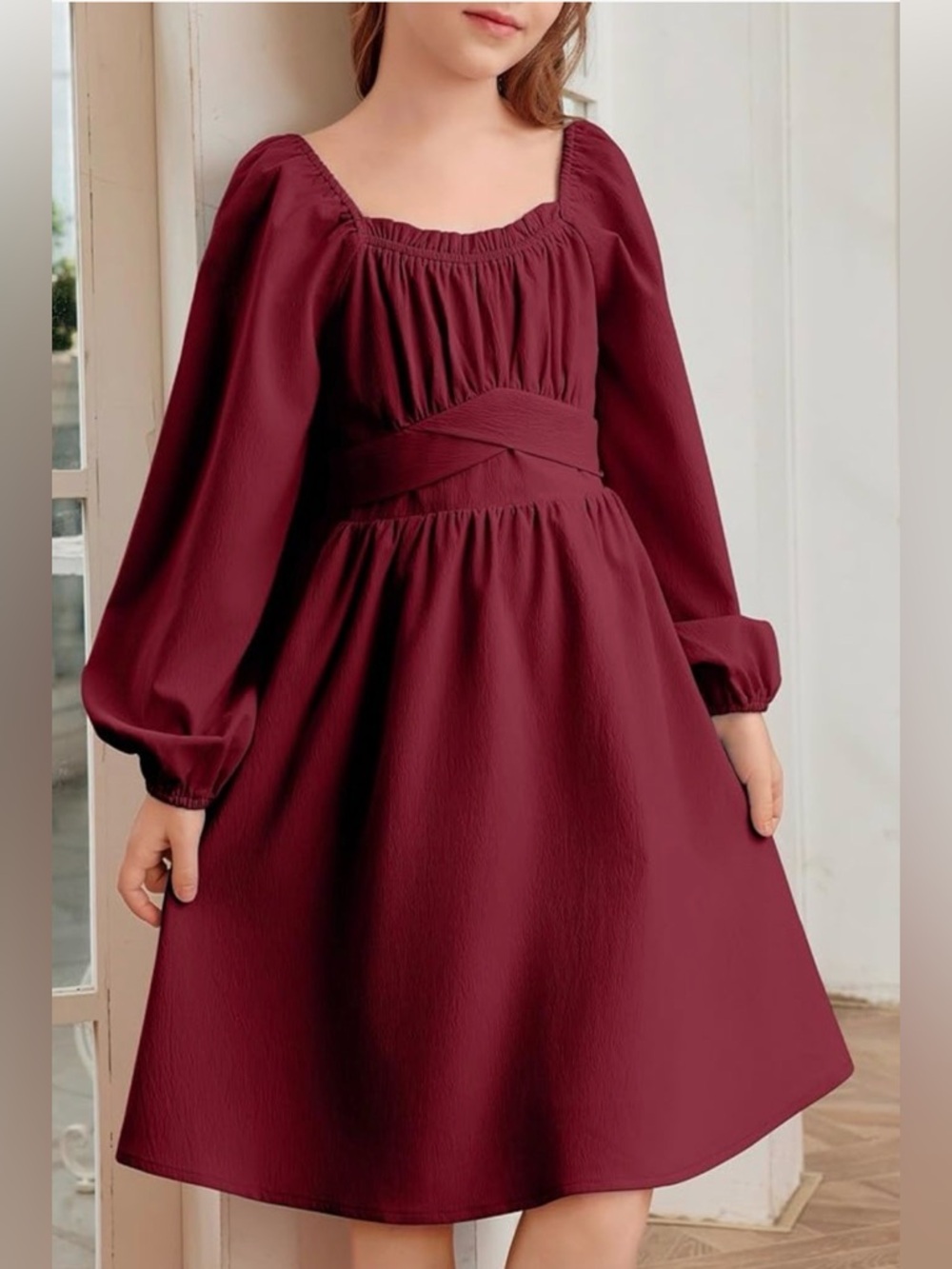 Girls' Burgundy Long Sleeve Square Neck Dress